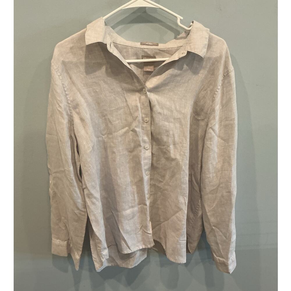 Chicos Womens Long Sleeve Linen Button Up Shirt Size XL 3 Beige Beach Resort